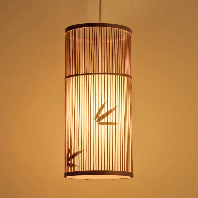 Cilindrische houten slingerlamp Aziatisch 1-lamps bamboe hangplafondlamp voor bistro Clearhalo