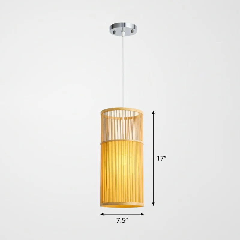 Cilindrische houten slingerlamp Aziatisch 1-lamps bamboe hangplafondlamp voor bistro Clearhalo