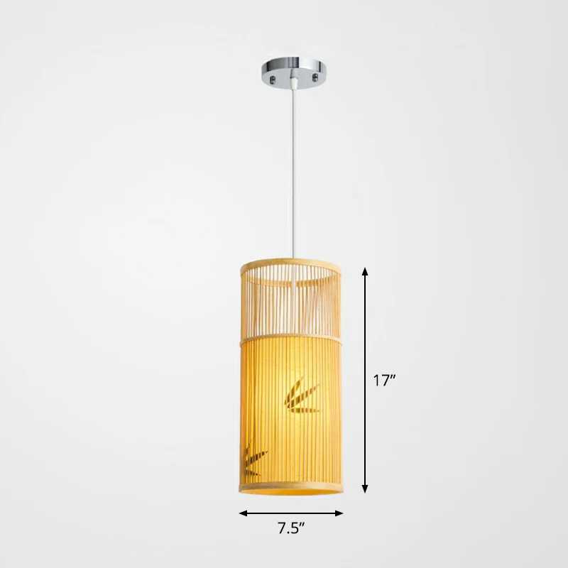 Cilindrische houten slingerlamp Aziatisch 1-lamps bamboe hangplafondlamp voor bistro Clearhalo