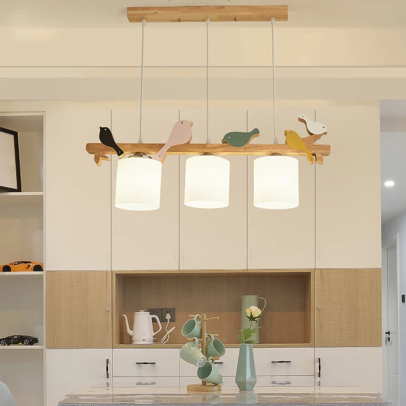 Cilindrische LED-hanglamp Eenvoud Crèmekleurige glazen eetkamer Eilandkroonluchter met houten vogel Clearhalo