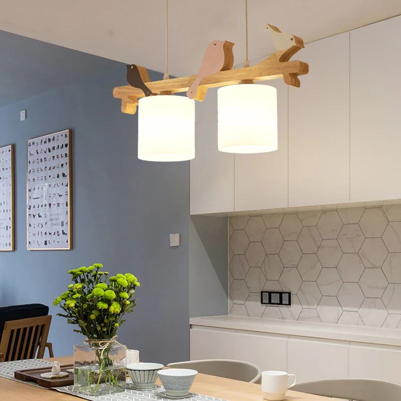 Cilindrische LED-hanglamp Eenvoud Crèmekleurige glazen eetkamer Eilandkroonluchter met houten vogel Clearhalo