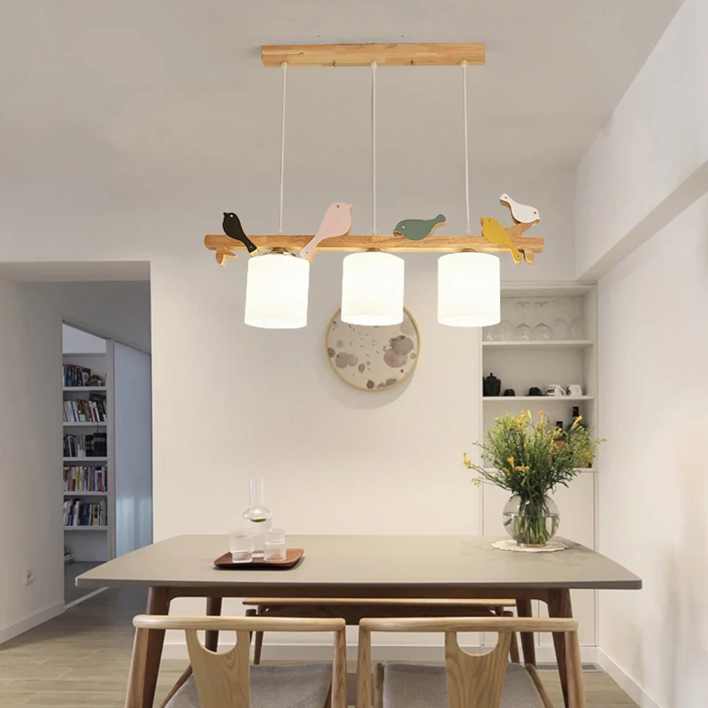 Cilindrische LED-hanglamp Eenvoud Crèmekleurige glazen eetkamer Eilandkroonluchter met houten vogel Clearhalo