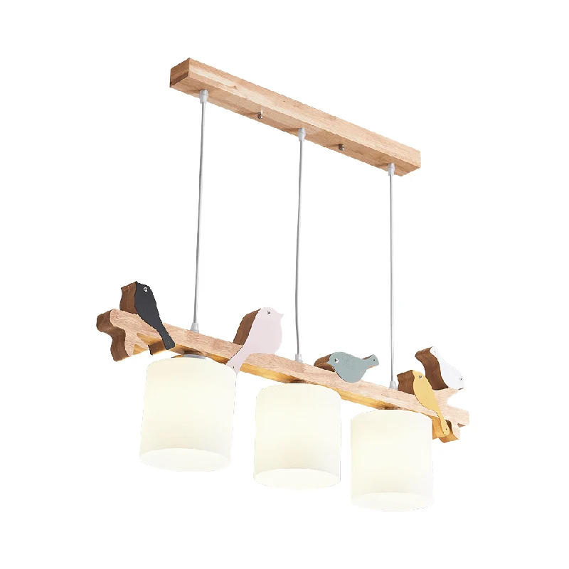 Cilindrische LED-hanglamp Eenvoud Crèmekleurige glazen eetkamer Eilandkroonluchter met houten vogel Clearhalo