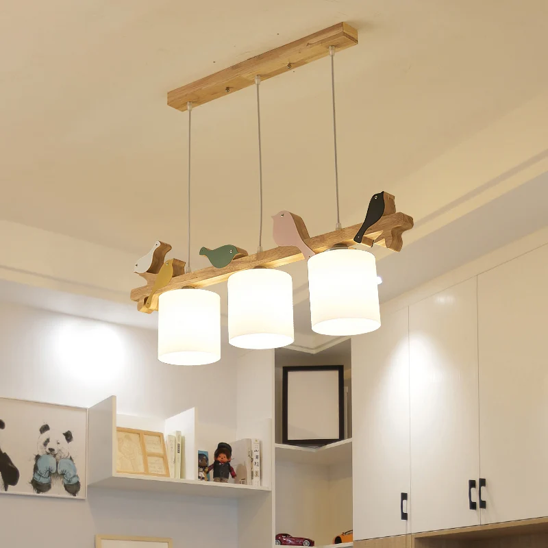 Cilindrische LED-hanglamp Eenvoud Crèmekleurige glazen eetkamer Eilandkroonluchter met houten vogel Clearhalo