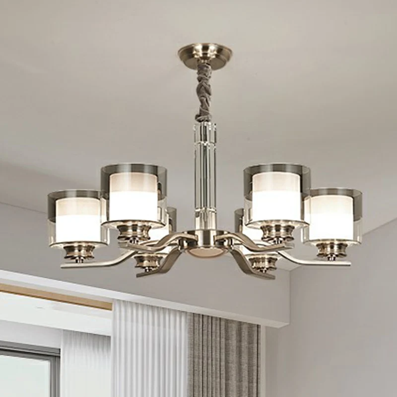 Cilindrische restaurantkroonluchter, moderne hanglamp van mat en rookgrijs glas chroom Clearhalo