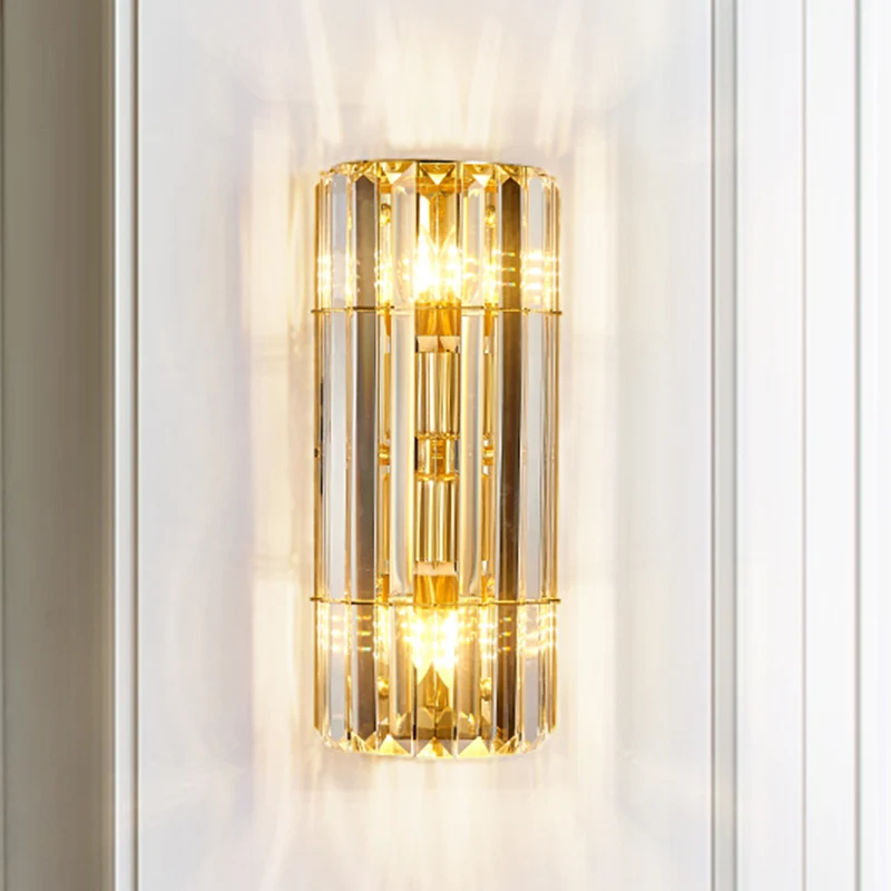 Cilindrische schansverlichting Vintage stijl helder kristal 2/3-koppen gouden wandgemonteerde lamp voor gang Clearhalo