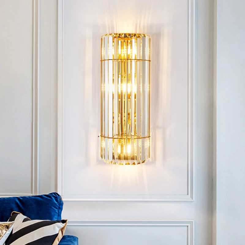 Cilindrische schansverlichting Vintage stijl helder kristal 2/3-koppen gouden wandgemonteerde lamp voor gang Clearhalo