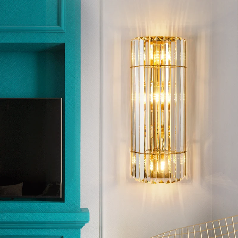 Cilindrische schansverlichting Vintage stijl helder kristal 2/3-koppen gouden wandgemonteerde lamp voor gang Clearhalo