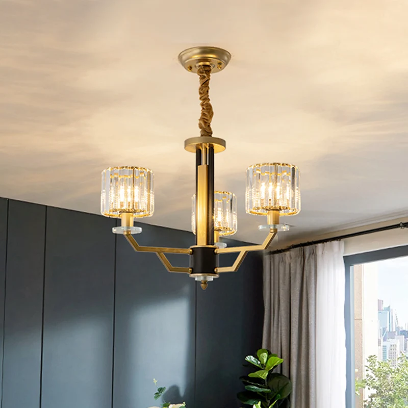 Cilindrische slaapkamer hangende verlichting Handgeslepen kristallen 3/6 lichts modernistische kroonluchter goud Clearhalo