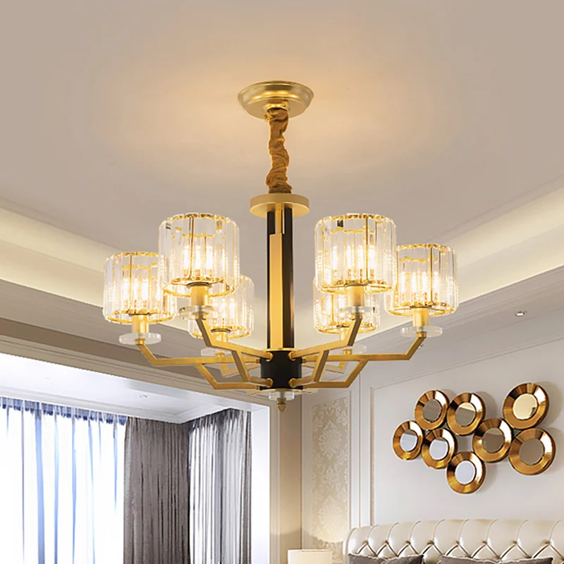 Cilindrische slaapkamer hangende verlichting Handgeslepen kristallen 3/6 lichts modernistische kroonluchter goud Clearhalo