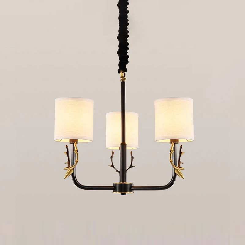 Cilindrische stoffen kroonluchter hanglamp Vintage woonkamer hanglamp met hertenaccent Clearhalo