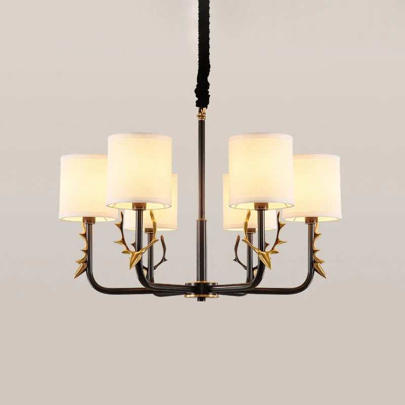 Cilindrische stoffen kroonluchter hanglamp Vintage woonkamer hanglamp met hertenaccent Clearhalo