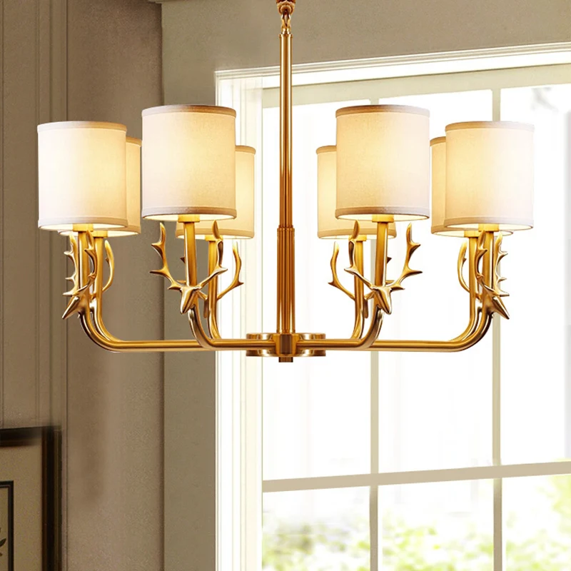 Cilindrische stoffen kroonluchter hanglamp Vintage woonkamer hanglamp met hertenaccent Clearhalo