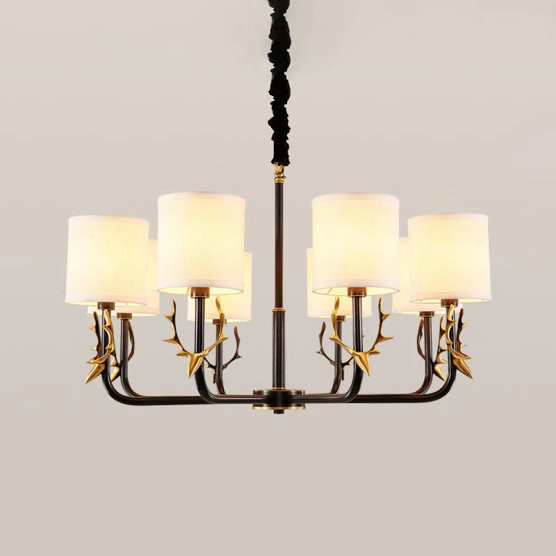 Cilindrische stoffen kroonluchter hanglamp Vintage woonkamer hanglamp met hertenaccent Clearhalo