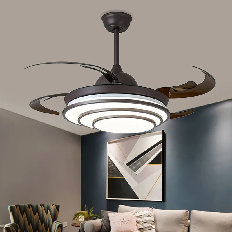 Cirkel acryl plafondventilator licht moderne LED woonkamer semi-inbouw donkere koffie met 4 bruine bladen, 42" breed Clear...