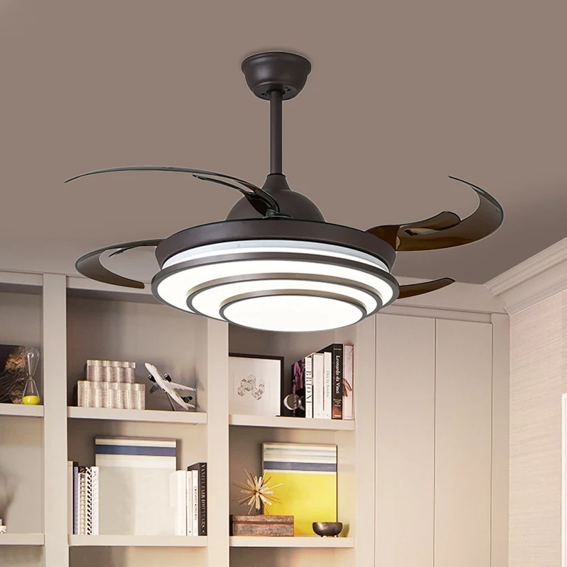 Cirkel acryl plafondventilator licht moderne LED woonkamer semi-inbouw donkere koffie met 4 bruine bladen, 42" breed Clear...