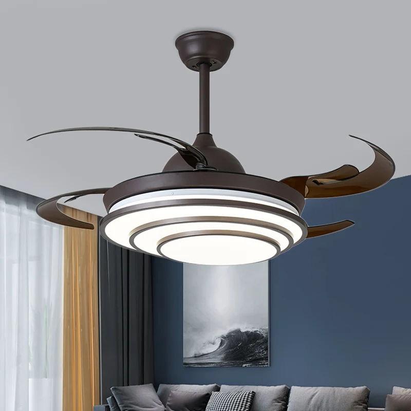Cirkel acryl plafondventilator licht moderne LED woonkamer semi-inbouw donkere koffie met 4 bruine bladen, 42" breed Clear...