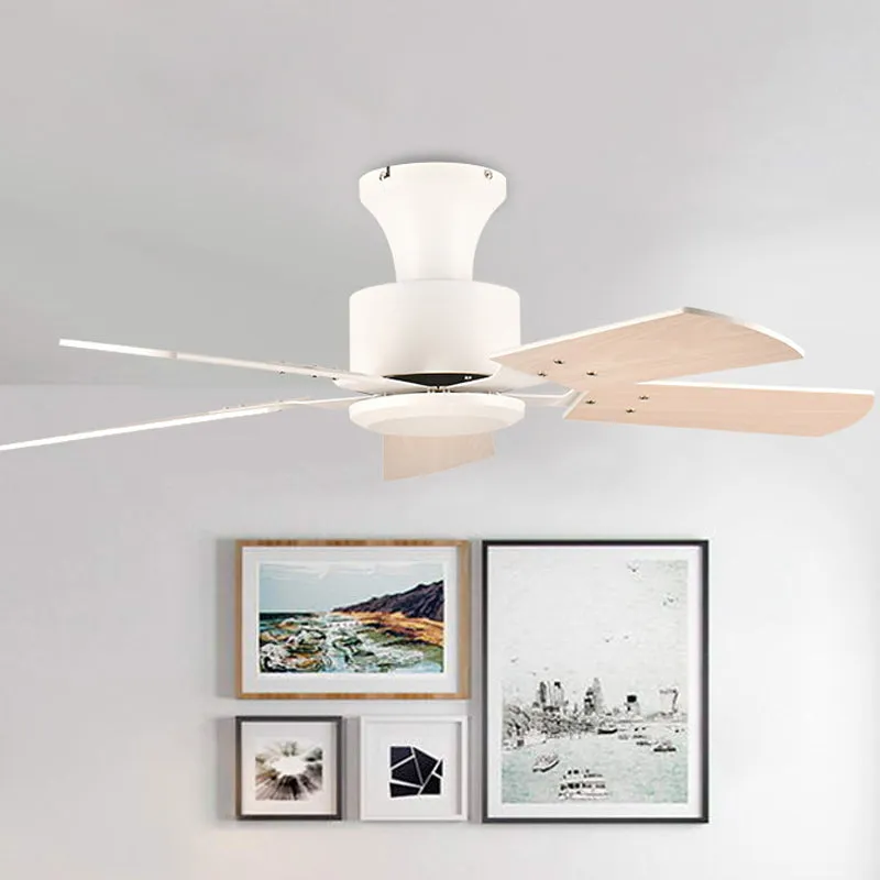 Cirkel eetkamer ventilator licht eenvoudig metaal LED wit semi-inbouwmontage met 5 houten bladen, 32"/36" breed Clearhalo