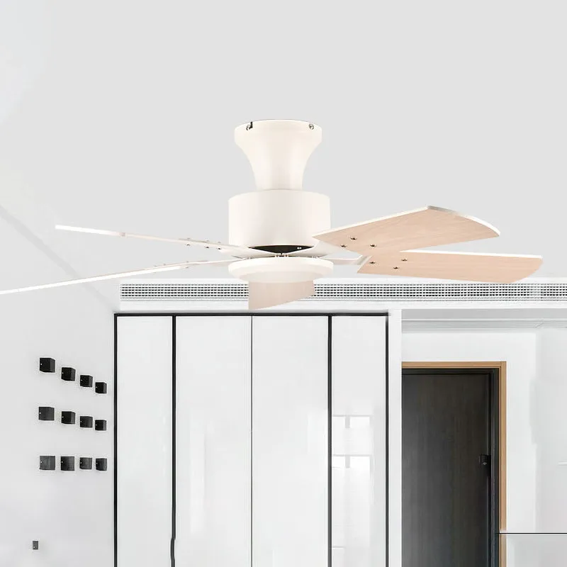 Cirkel eetkamer ventilator licht eenvoudig metaal LED wit semi-inbouwmontage met 5 houten bladen, 32"/36" breed Clearhalo