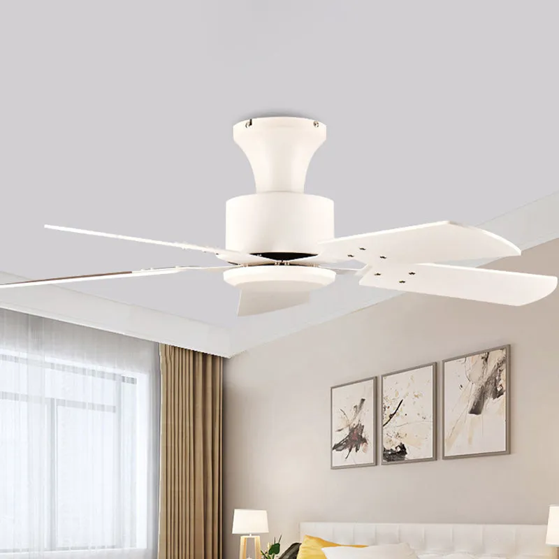 Cirkel eetkamer ventilator licht eenvoudig metaal LED wit semi-inbouwmontage met 5 houten bladen, 32"/36" breed Clearhalo