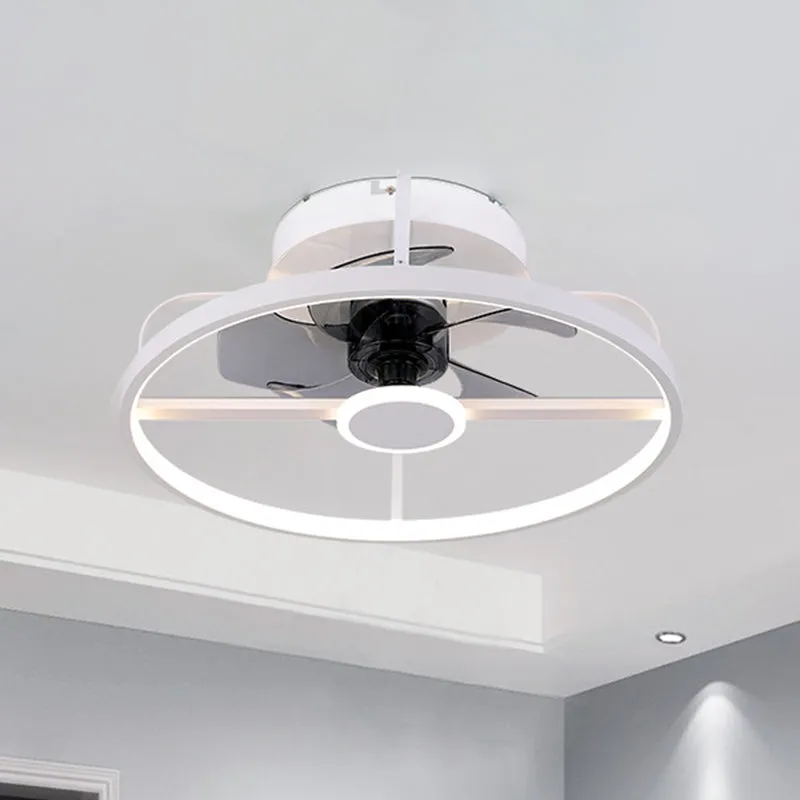 Cirkel hangende ventilatorlamp modernistisch metaal 18" W LED witte semi-inbouwlamp met 3 grijze bladen Clearhalo