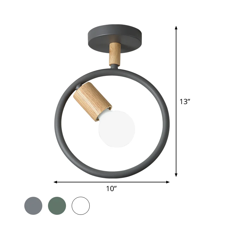 Cirkel Metaal Inbouwverlichting Eenvoudig 1 Lamp Grijs/Groen/Wit Semi Dichtbij Plafondlamp Met Houten Buisarm Clearhalo