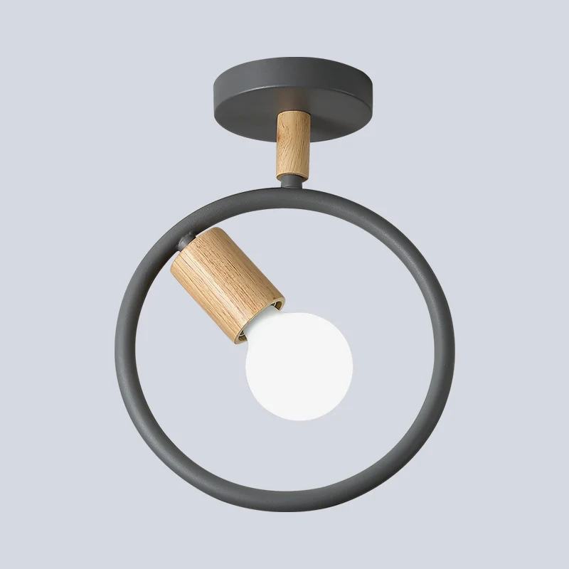 Cirkel Metaal Inbouwverlichting Eenvoudig 1 Lamp Grijs/Groen/Wit Semi Dichtbij Plafondlamp Met Houten Buisarm Clearhalo