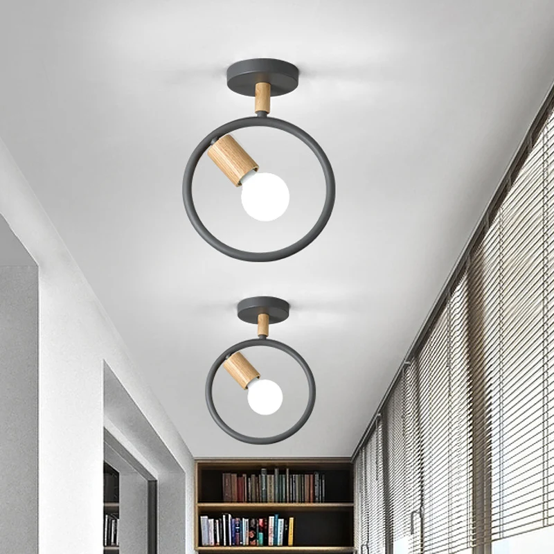 Cirkel Metaal Inbouwverlichting Eenvoudig 1 Lamp Grijs/Groen/Wit Semi Dichtbij Plafondlamp Met Houten Buisarm Clearhalo