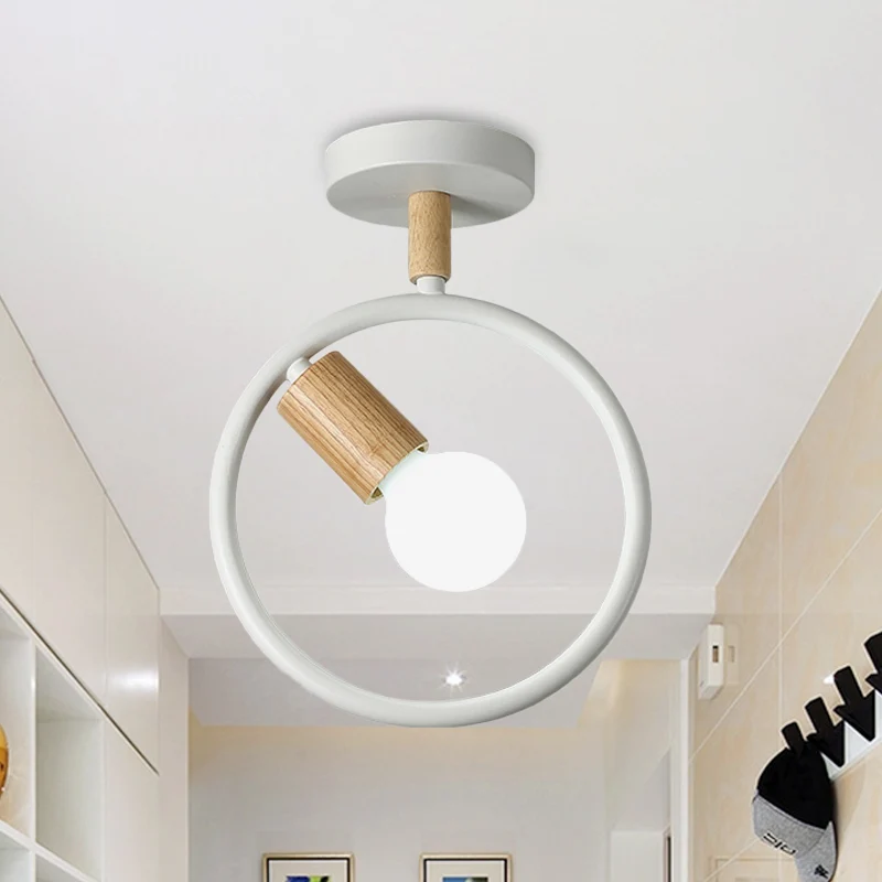 Cirkel Metaal Inbouwverlichting Eenvoudig 1 Lamp Grijs/Groen/Wit Semi Dichtbij Plafondlamp Met Houten Buisarm Clearhalo