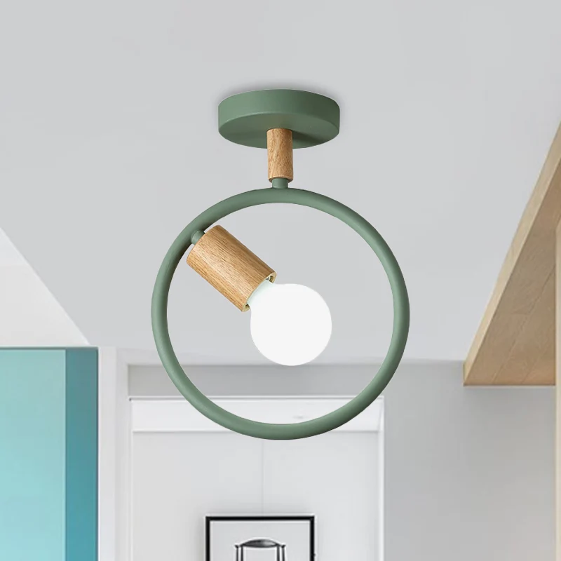 Cirkel Metaal Inbouwverlichting Eenvoudig 1 Lamp Grijs/Groen/Wit Semi Dichtbij Plafondlamp Met Houten Buisarm Clearhalo