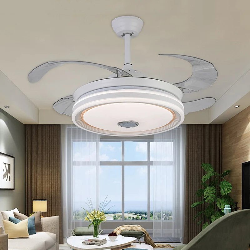 Cirkel metalen plafondventilator licht moderne LED 42" brede woonkamer semi-inbouwverlichting wit met 4 bladen, afstandsbe...