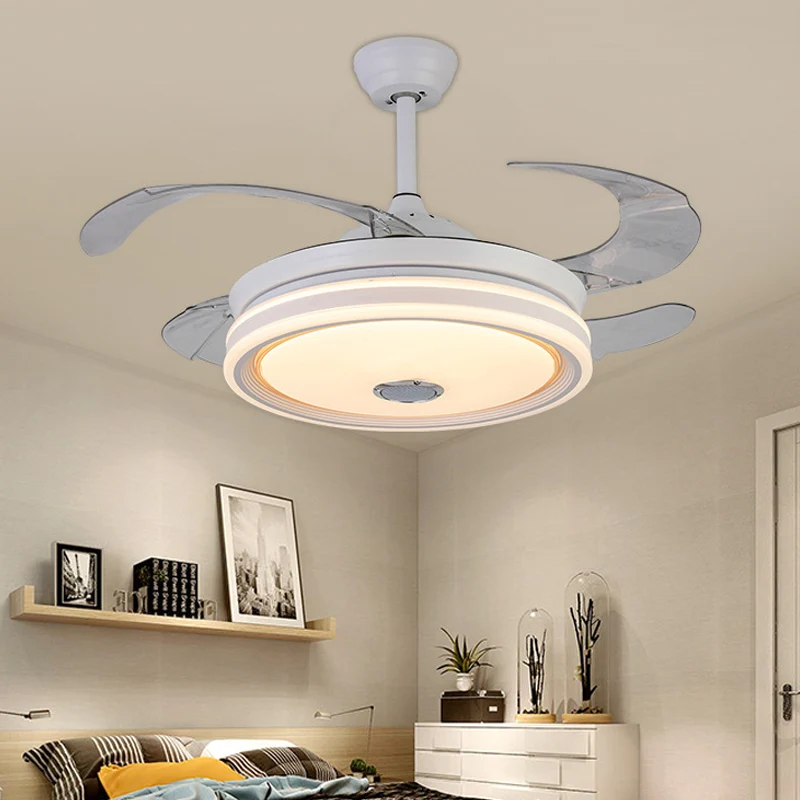Cirkel metalen plafondventilator licht moderne LED 42" brede woonkamer semi-inbouwverlichting wit met 4 bladen, afstandsbe...
