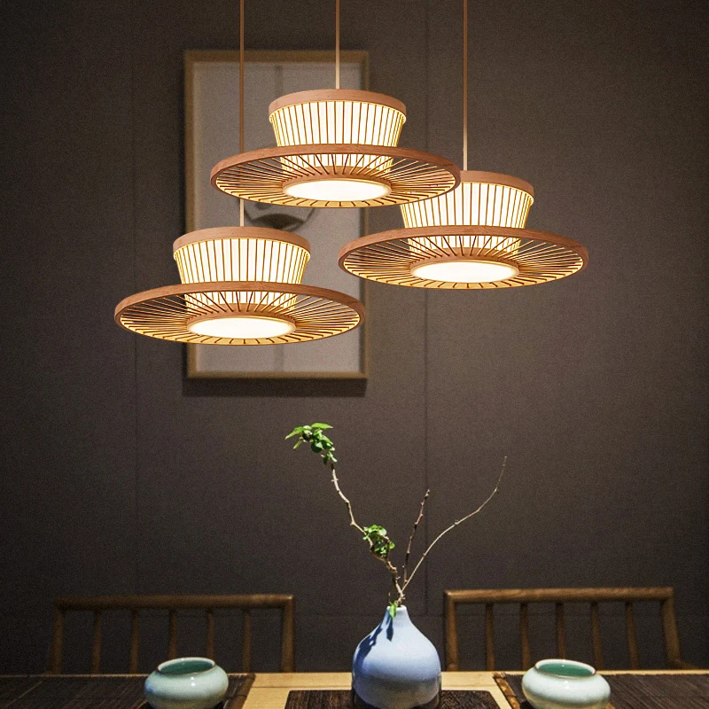 Cirkelplafondlamp Aziatische stijl Bamboe 1 lamp Houten hangende verlichting voor theesalon Clearhalo