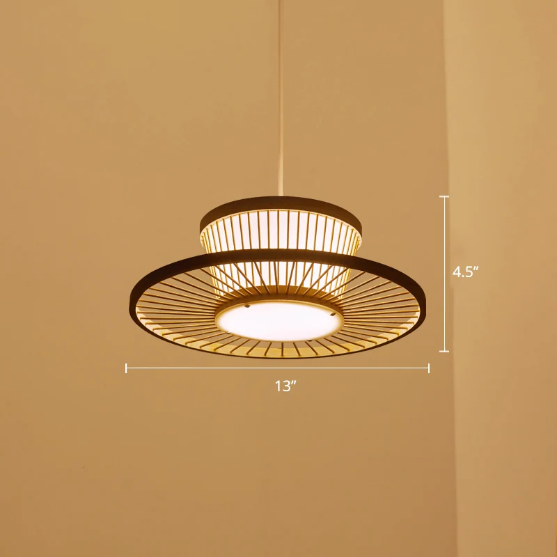 Cirkelplafondlamp Aziatische stijl Bamboe 1 lamp Houten hangende verlichting voor theesalon Clearhalo
