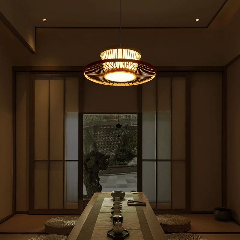 Cirkelplafondlamp Aziatische stijl Bamboe 1 lamp Houten hangende verlichting voor theesalon Clearhalo