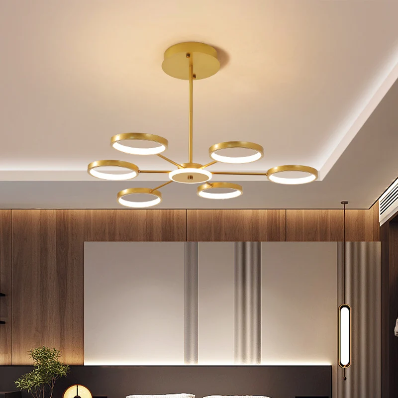 Cirkelvertakkende metalen hanglamp Modernistische 6-koppige zwart/gouden LED-kroonluchterlamp warm/wit licht Clearhalo