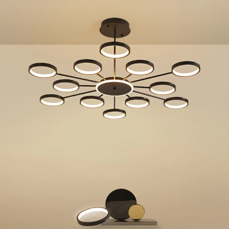 Cirkelvertakkende metalen hanglamp Modernistische 6-koppige zwart/gouden LED-kroonluchterlamp warm/wit licht Clearhalo