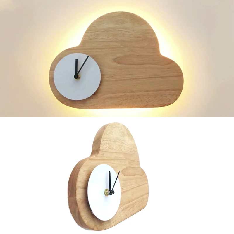 Cloud Jongens Meisjes Slaapkamer Wandverlichting met Klok Houten Cartoon Wandlamp Beige Clearhalo