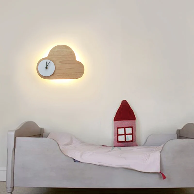 Cloud Jongens Meisjes Slaapkamer Wandverlichting met Klok Houten Cartoon Wandlamp Beige Clearhalo