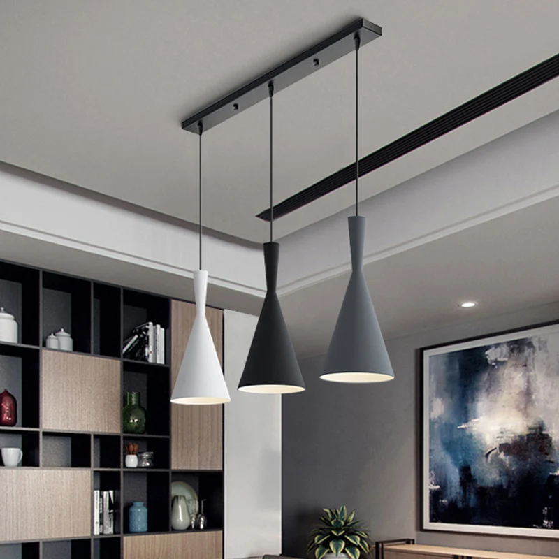 Cluster Trechter Hanglamp Scandinavisch Aluminium 3 Kops Zwart-Grijs-Wit Ophangverlichting met Ronde/Lineaire Luifel Clear...