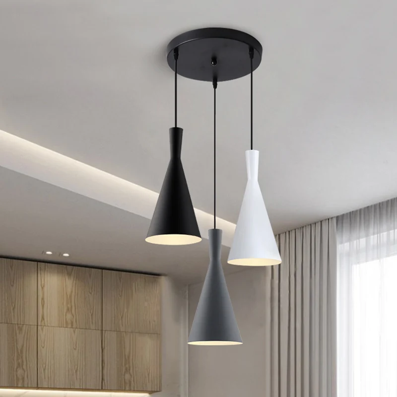Cluster Trechter Hanglamp Scandinavisch Aluminium 3 Kops Zwart-Grijs-Wit Ophangverlichting met Ronde/Lineaire Luifel Clear...
