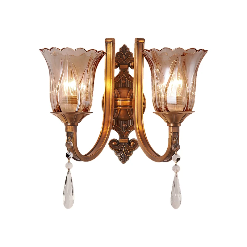 Cognac glazen bloem wandgemonteerd licht Vintage 1/2 kop messing blaker lichtarmatuur met kristallen druppel Clearhalo