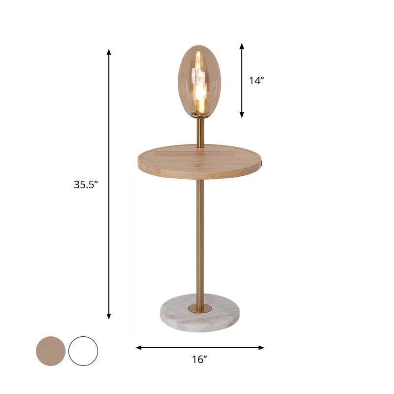 Cognac/wit glazen eivormige vloerverlichting Modernistische 1-lichts staande vloerlamp met houten opbergplank Clearhalo