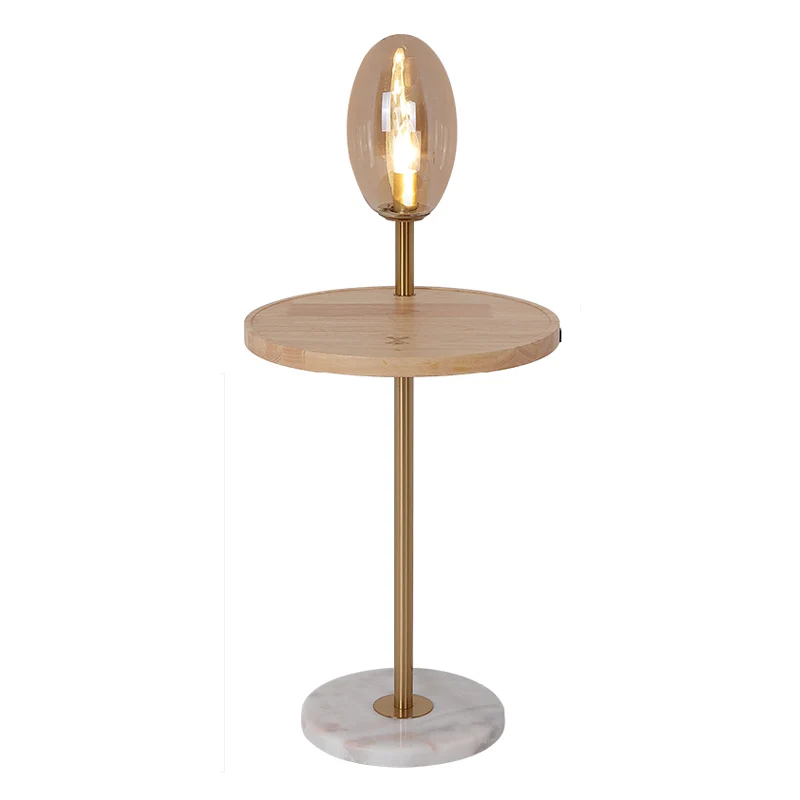 Cognac/wit glazen eivormige vloerverlichting Modernistische 1-lichts staande vloerlamp met houten opbergplank Clearhalo