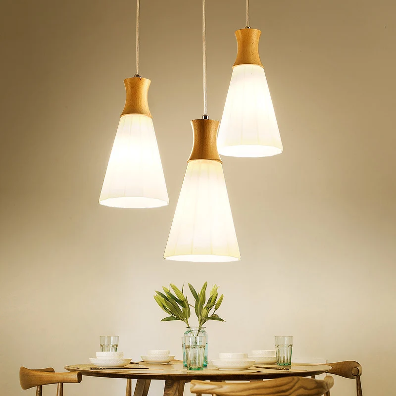 Cone hangende hanglamp Scandinavisch melkachtig glas, 1/3-lamps houten hanglamp met ronde/lineaire luifel Clearhalo