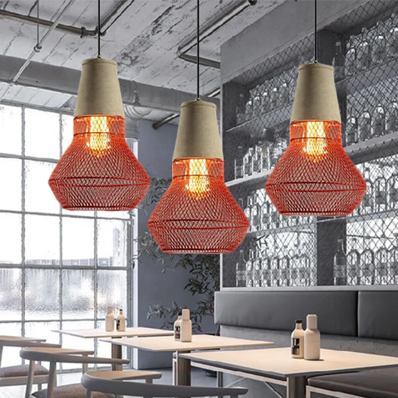 Cone hanglamp eigentijds steen 1-lichts hangende plafondlamp voor restaurant met zwart/rode draadkooikap Clearhalo