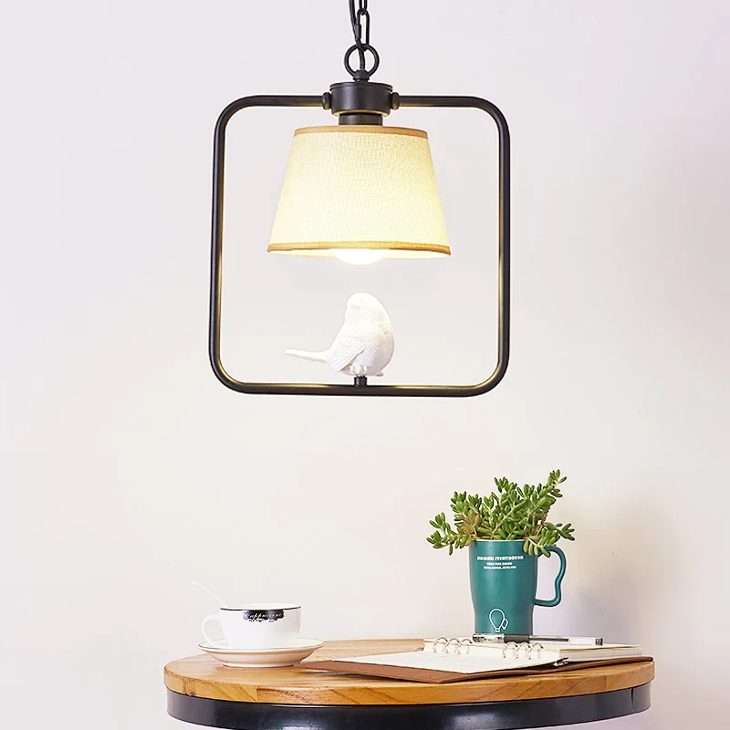 1 Cone plafondhanglamp Klassieke zwart/witte stoffen hanglamp voor koffiebar met vierkant frame en vogel Clearhalo