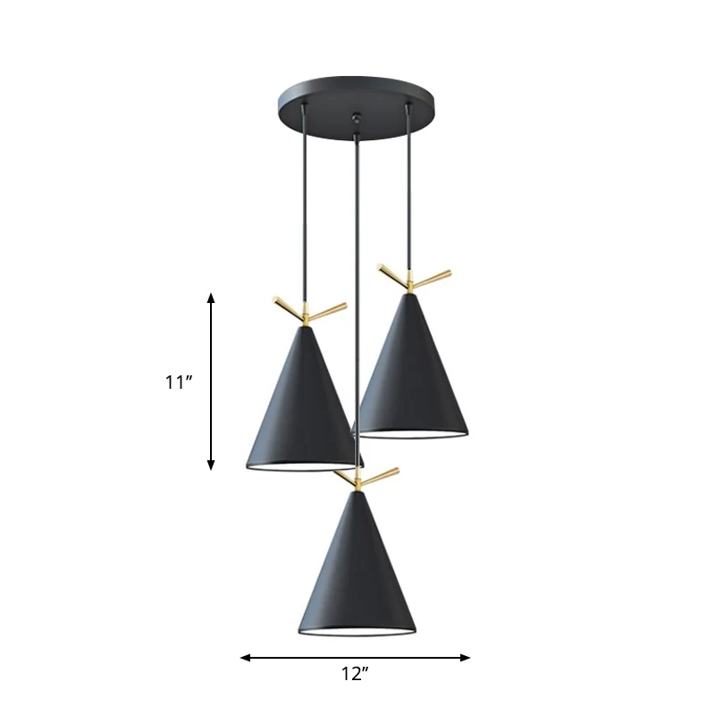 Cone Shade Cluster Hanglamp Scandinavisch Metallic 3-lichts Zwart/Zwart-Grijs-Wit/Wit Hanglamp met Gewei-decor en Ronde/Li...