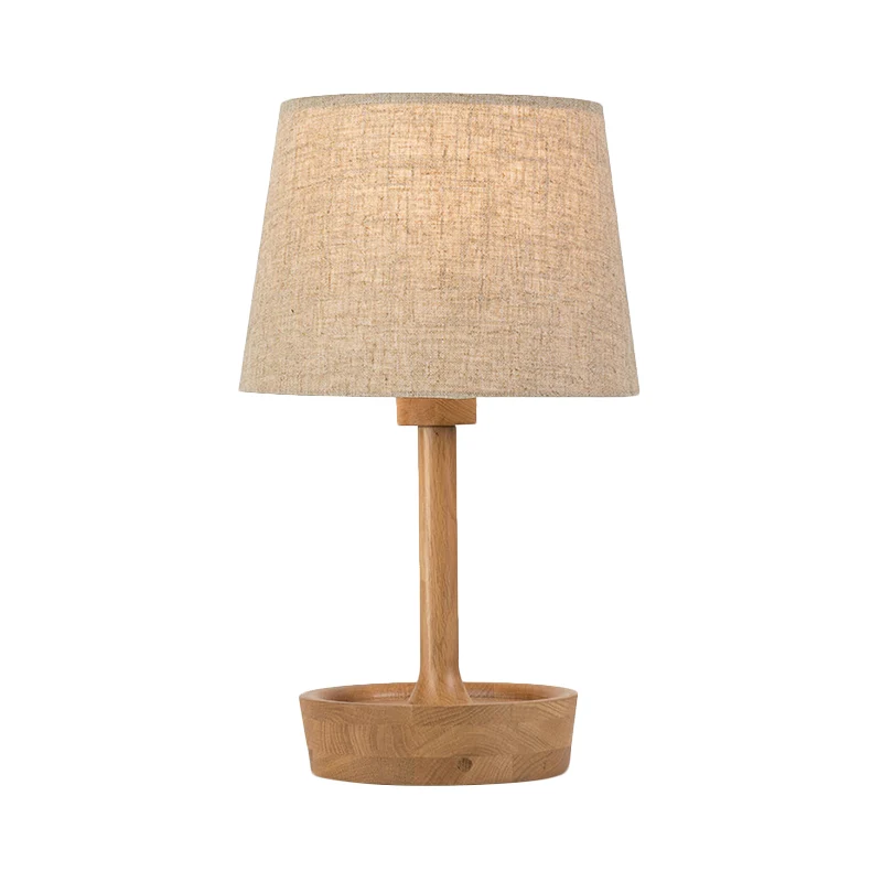 Cone Shade stoffen taaklamp modern 1 lamp vlas/wit leeslamp, ronde beige houten voet Clearhalo