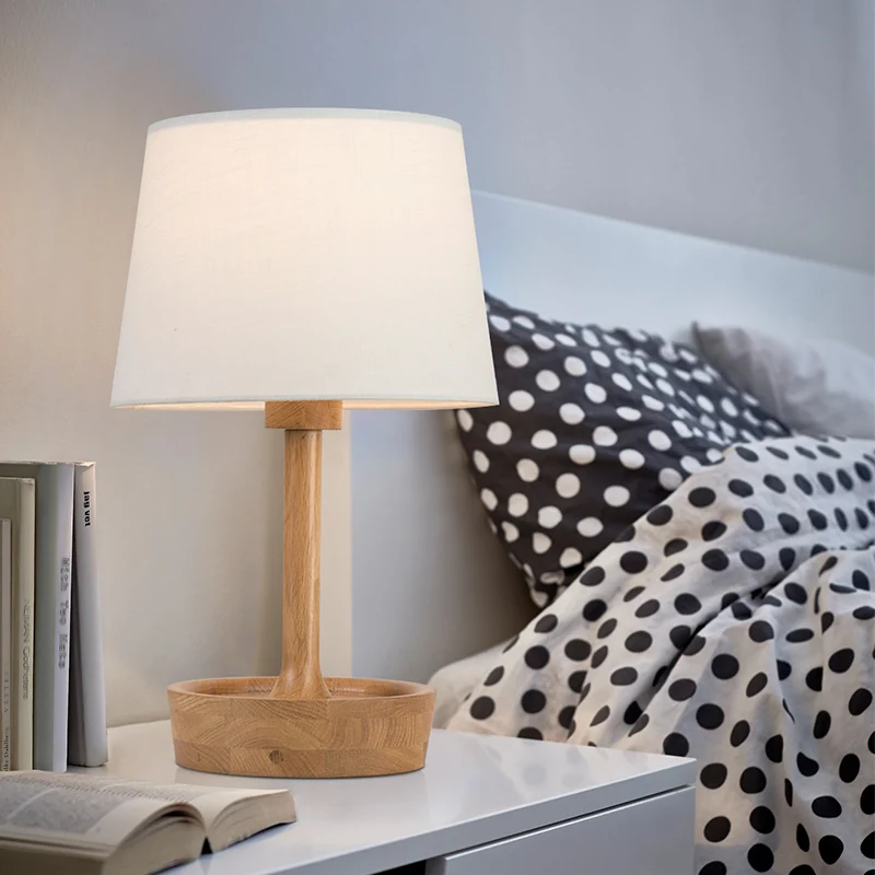 Cone Shade stoffen taaklamp modern 1 lamp vlas/wit leeslamp, ronde beige houten voet Clearhalo